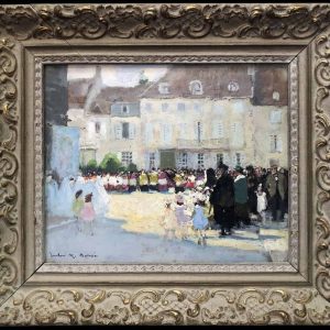 HERVE Jules Langres Sortie de messe le 15 Août place St Martin Huile sur carton fort Signée Certificat D’authenticité