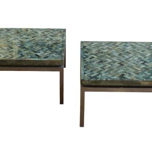 Paire de tables basses en marqueterie de marbre vert, années 1970