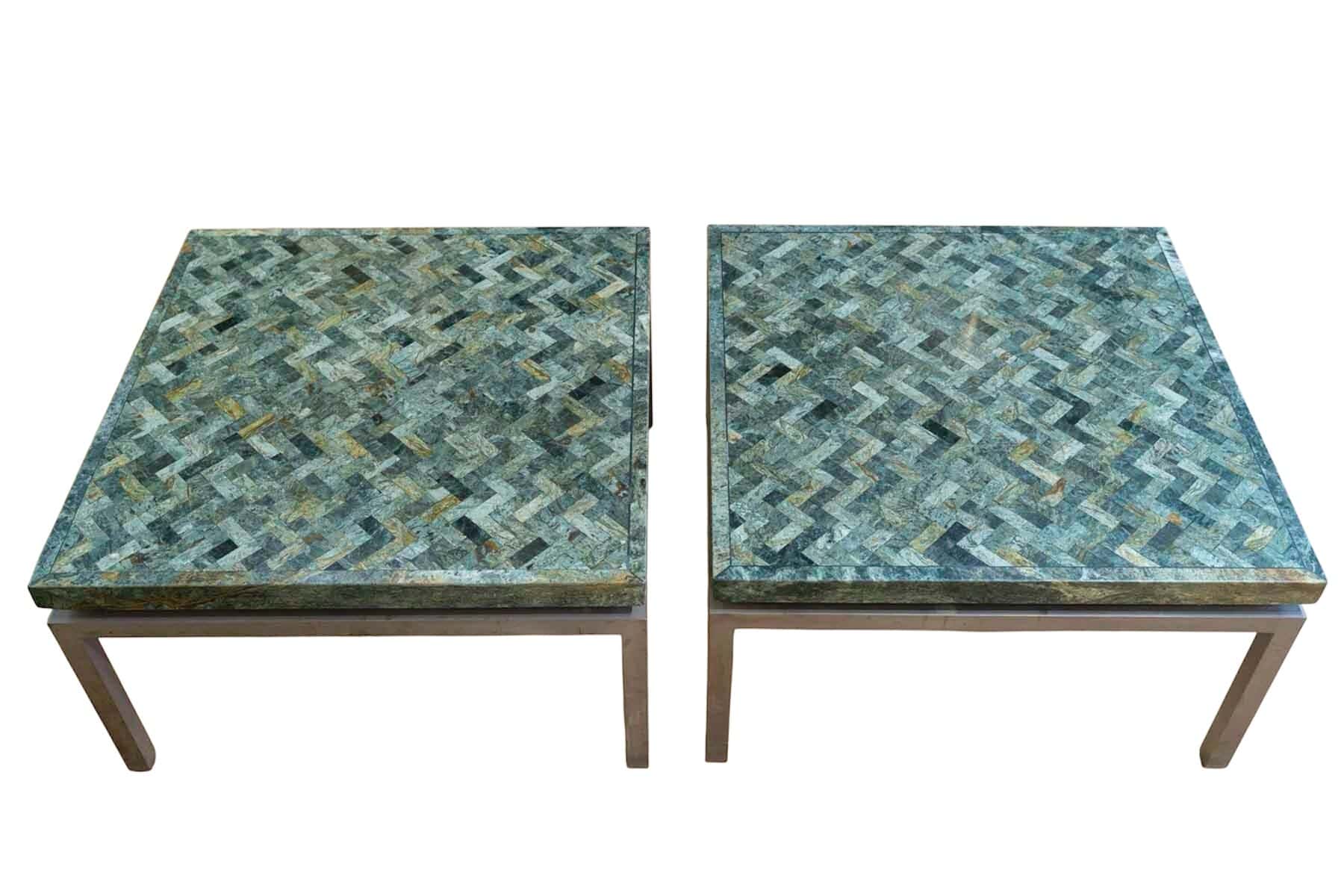 Paire de tables basses en marqueterie de marbre vert, années 1970 – Image 3