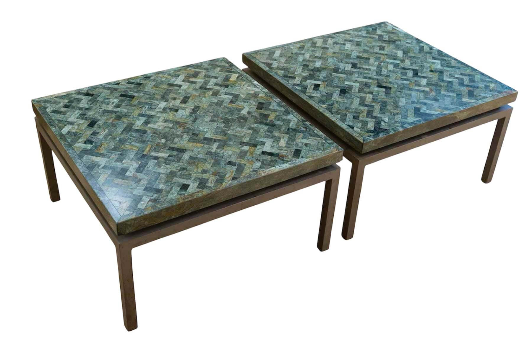 Paire de tables basses en marqueterie de marbre vert, années 1970 – Image 8