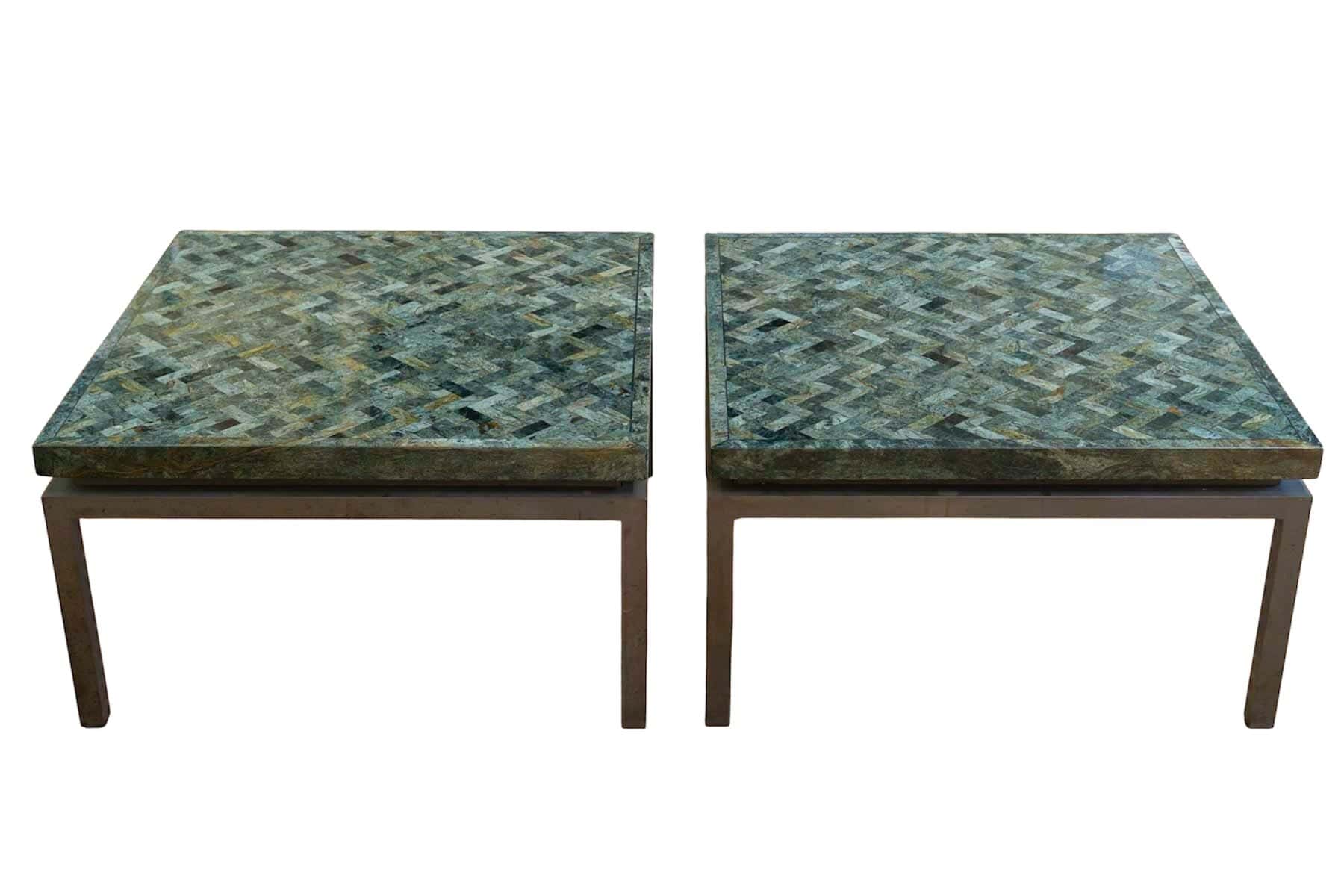 Paire de tables basses en marqueterie de marbre vert, années 1970 – Image 7