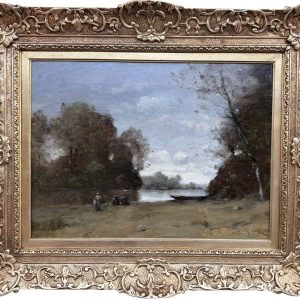 TROUILLEBERT Paul Desire Tableau 19è Ecole Barbizon Lavandières Bord Du Fleuve Huile Certificat